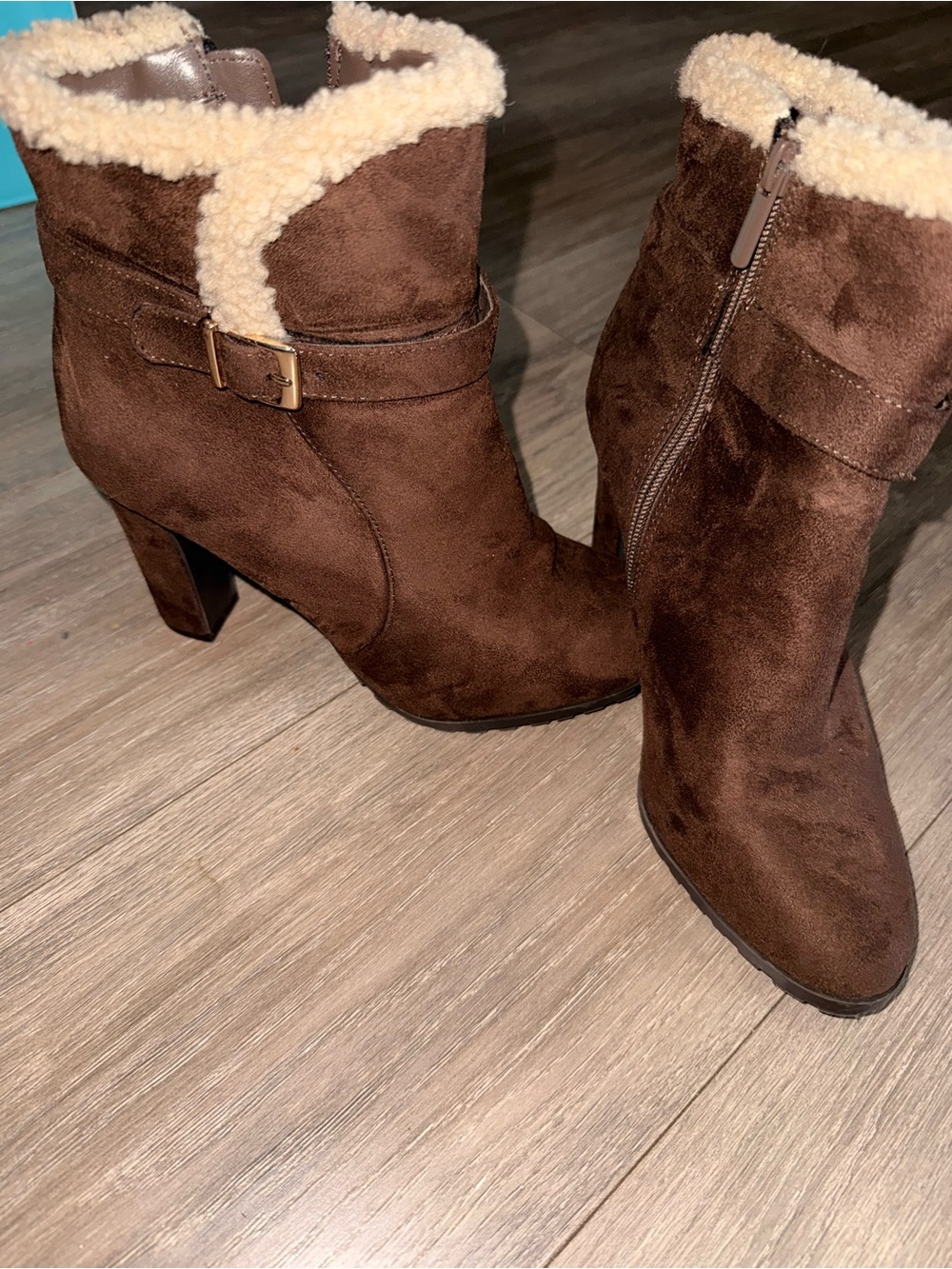Impo Brown Faux Suede Shearling Ankle Boots with Buckle